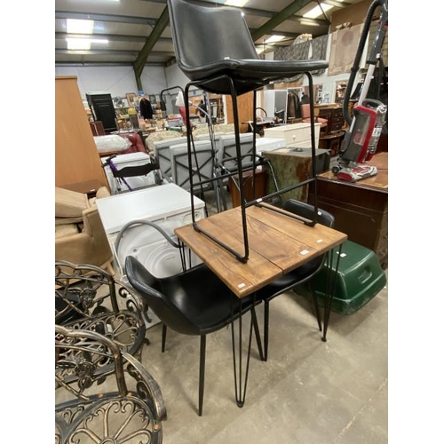 78 - Contemporary square table 76H 66W 66D, 2 black faux leather chairs and 1 bar stool