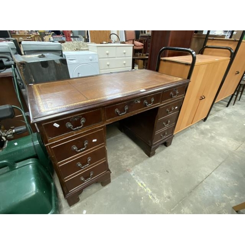 81 - Mahogany twin pedestal desk with brown leather inset 77H 122W 61D