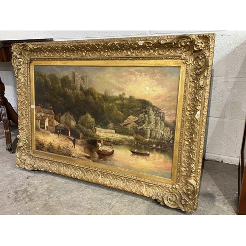 97 - Gilt framed 19th century oil on canvas of Knaresborough signed WJC to bottom left 107 x 75cm