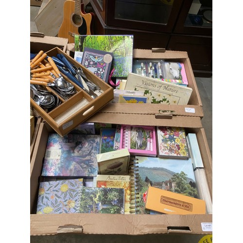 451 - 10 boxes of place mats, Orchid planters, note books/ pads, cards, terracotta teapot, cutlery, servie... 