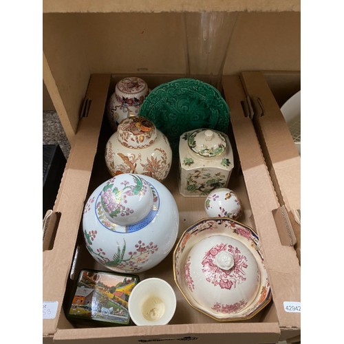 453 - 4 boxes containing iridescent ceramic vase, 7 pieces of Susie Cooper china, 26 pieces of Royal Doult... 