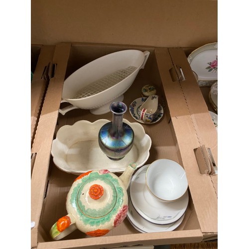 453 - 4 boxes containing iridescent ceramic vase, 7 pieces of Susie Cooper china, 26 pieces of Royal Doult... 