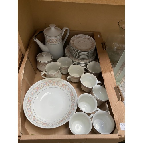 457 - Wicker basket of linens & lace, 5 glass vases & 45 piece fine china dinner & tea service