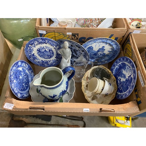 461 - 4 boxes of ceramics inc. blue & white pottery, Cauldon, Mason's, Davenport, glass carboy, Poole, sto... 