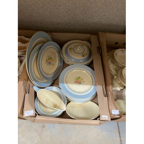 525 - 11 boxes of part tea & dinner sets inc. Crown Ducal 'Florentine', New Hall, Empire, Wade, Colclough,... 