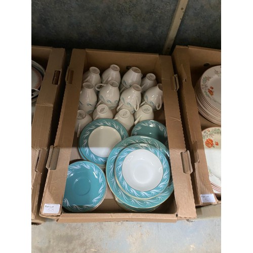 525 - 11 boxes of part tea & dinner sets inc. Crown Ducal 'Florentine', New Hall, Empire, Wade, Colclough,... 