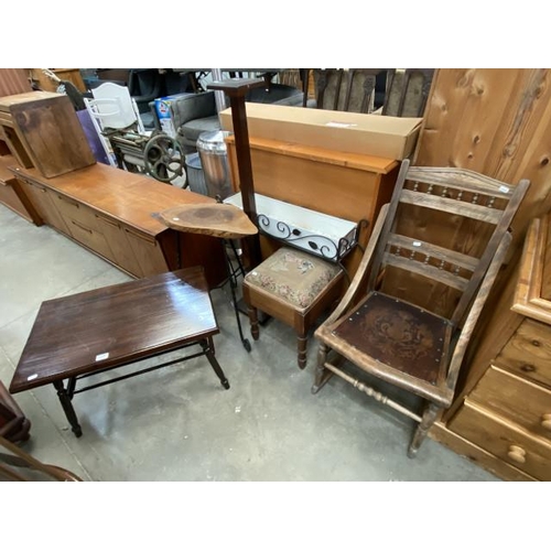 101 - Stained pine occasional table 45H 70W 44D, Victorian mahogany stool, Edwardian oak rocking chair 49W... 