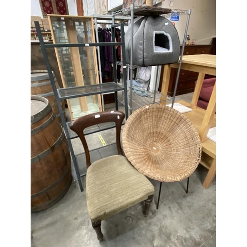 114 - Vintage rattan egg chair 79W (as found), 2 metal workshop shelving stands 158H 57W 35D & 149H 60W 35... 