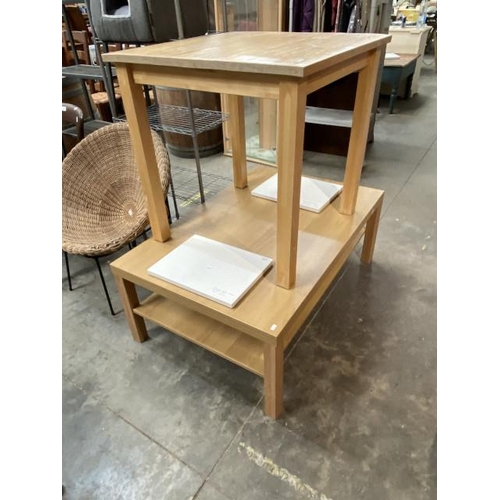 116 - Oak effect coffee table 45H 118W 78D & a beech effect dining table 75H 74W 74D