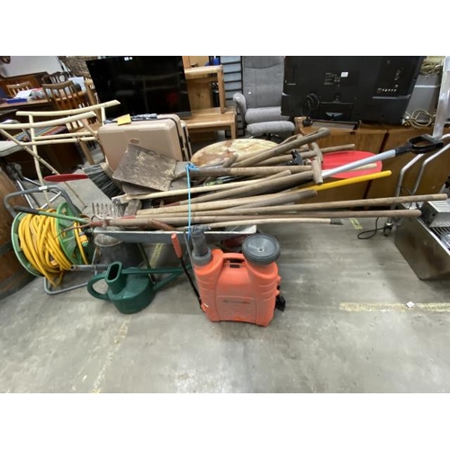 119 - Galvanised wheelbarrow, assorted gardening tools etc
