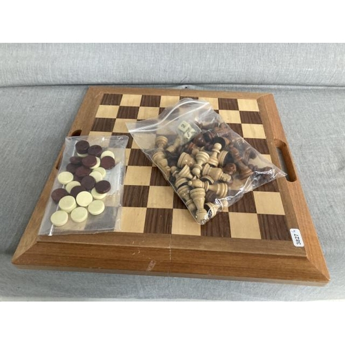 332 - Inlaid wooden chess/ backgammon board & pieces