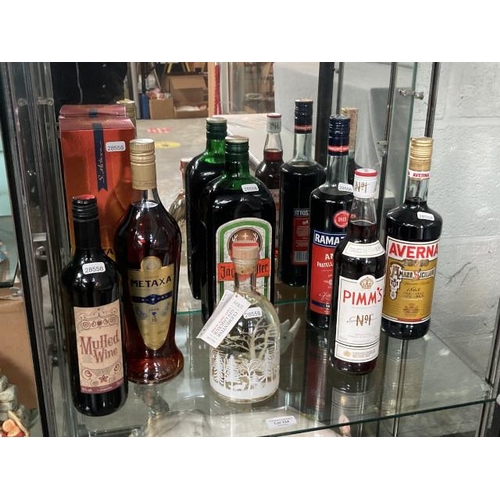 334 - 7 bottles of alcohol inc. Jagermeister 1.75L, Pimm's 70cl, Mulled wine 75cl, M&S clementine gin liqu... 