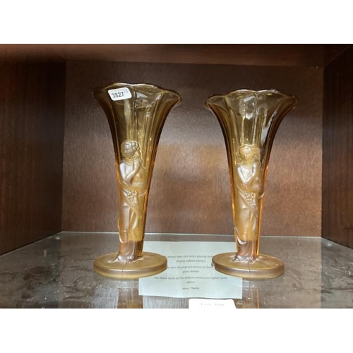 394 - Pair of Art Deco amber glass portrait vases 21H