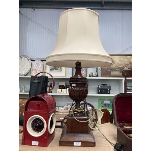 443 - Mahogany table lamp base with cream shade 85H