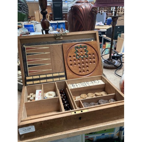 446 - Victorian pine games box containing amber blizzard marbles, solitaire board, cribbage, dominoes etc.... 