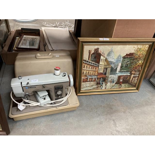 464 - Cased New Home 543210 electric sewing machine with foot pedal & a gilt framed street scene acrylic o... 