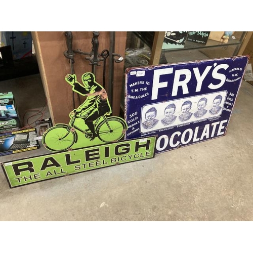 469 - Metal Fry's Chocolate sign 70x50cm & metal Raleigh sign 50x70cm