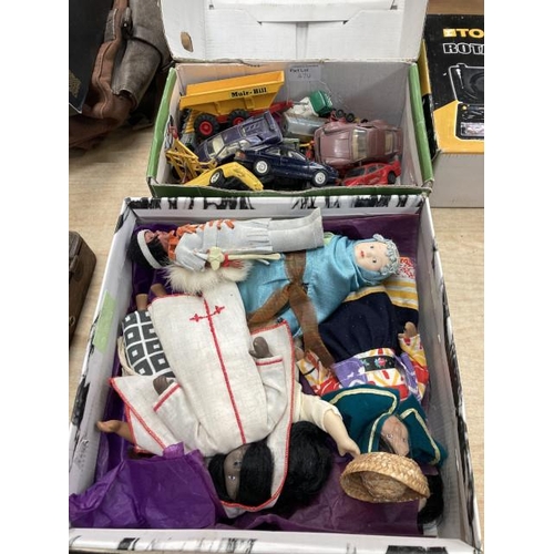 474 - Box of ethnic dolls from around the world, box of playworn vehicles including Lesney Matchbox, Corgi... 