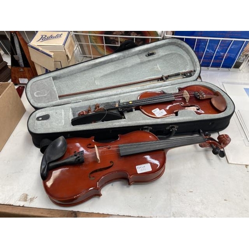 480 - Cased violin & box & a uncased violin with no bow