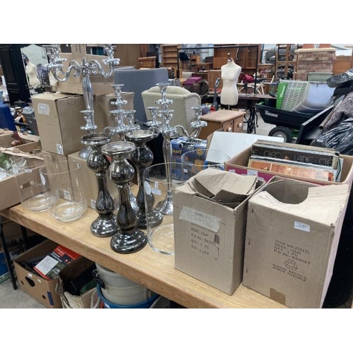 503 - 3 metal candelabras 59H, 3 silvered glass candle stands 42H, 4 Thorp Perrow  cylindrical vases, 10 s... 