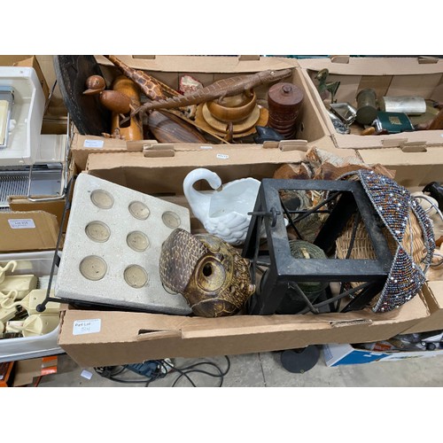 504 - 6 boxes of collectables, treen, glassware, metal wares, Peter John pottery owl, hip flask, ship in a... 