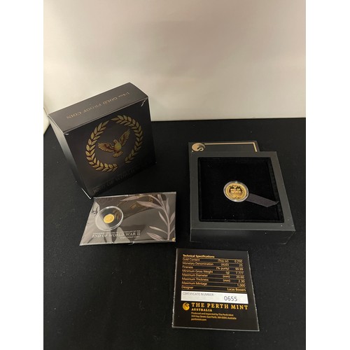 305 - “The Perth Mint” 75th Anniversary End Of World War II Quarter Ounce Gold Proof Coin 
Denomination: 2... 