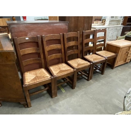 107 - 5 oak rush seated dining chairs 47W