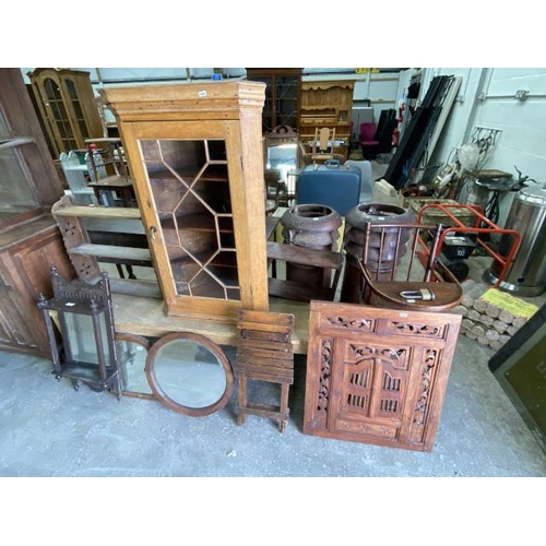 139 - Vintage pine bench 48H 155W 40D, Victorian mahogany dolls highchair, mirrors etc (some items as foun... 