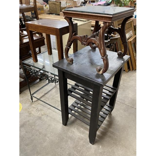 149 - Metal/glass garden table 67H 63W 53D, kitchen island/trolley 85H 50W 60D, marble topped occasional t... 