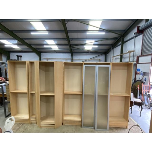 157 - 6 beech effect bookcases (1x 202H 20W 28D, 3x 202H 60W 28D & 2 x 202H 80W 28D) 
(no shelf pegs)