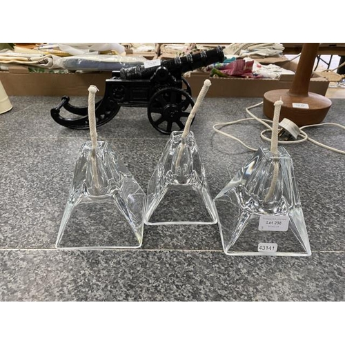 208 - 3 French glass pyramid candle holders