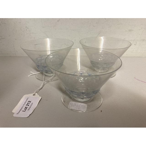 212 - Three 1930's Rene Lalique champagne glasses with frosted bands of fish decorating the lower section,... 