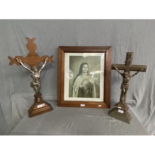 226 - Oak framed print of Saint Therese 50x59cm & 2 ecclesiastical crucifix's 62H & 52H