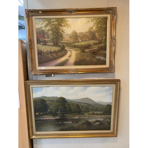 245 - Gilt framed signed Gary Miller village scene oil on canvas 90x66cm & a gilt framed signed Alan Dinsd... 