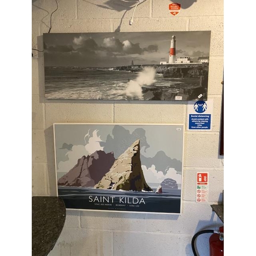 247 - Framed 'Saint Kilda' Peter McDermott print 82x59cm & a lighthouse scene canvas print 100x40cm