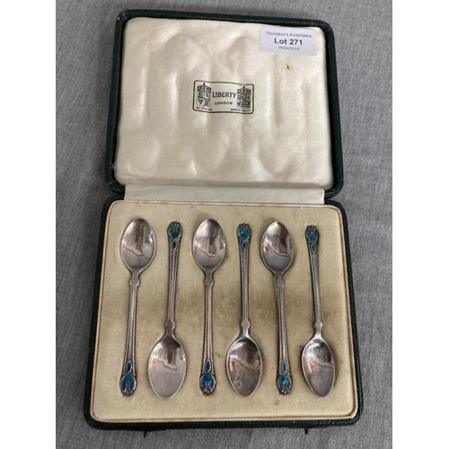 271 - A cased (original Liberty retail box) set of six 'Cymric' silver and enamel teaspoons, Liberty & Co,... 