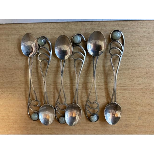 273 - Set of 6 continental silver tone & jade set teaspoons 52g (Believed to be silver, hallmarks unclear)