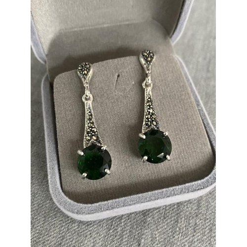 309 - Pair of silver, green stone & marcasite earrings