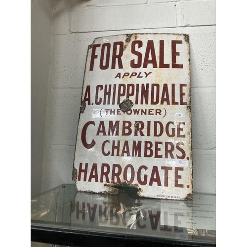 316 - Original enamel sign 'For Sale apply A. Chippindale (the owner) Cambridge Chambers Harrogate' 40x60c... 