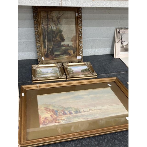 344 - Gilt framed oil on canvas signed B.B. 1905 39 49cm, gilt framed watercolour 69 x 44cm & 2 gilt frame... 