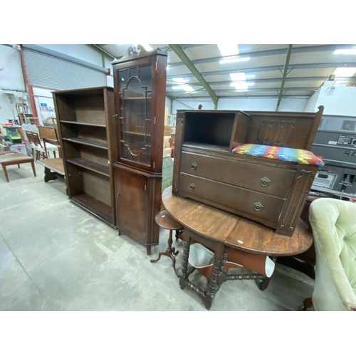 65 - Oak barley twist drop leaf table 70H 118W 90D, oak telephone table 86H 92W 41D, mahogany display cab... 