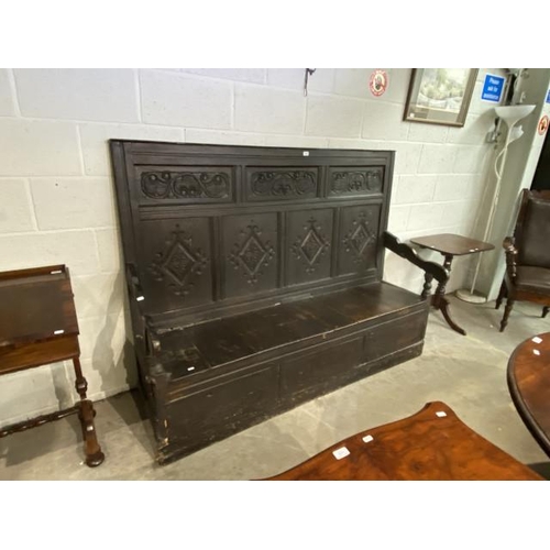 74 - 19th century carved oak settle 137H 183W 66D (Sowerby Town settle from The Rawson Estate, when the T... 