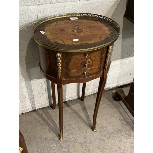 78 - French mahogany oval bedside table with brass gallery 71H 40W 31D