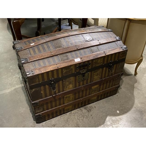 82 - Vintage dome top trunk with oak banding 55H 78W 48D