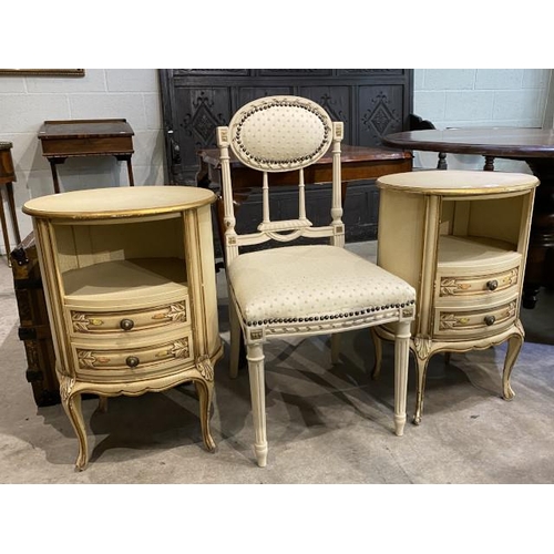 88 - Pair of French oval bedside chests 66H 45W 36D & a French bedroom chair 43W