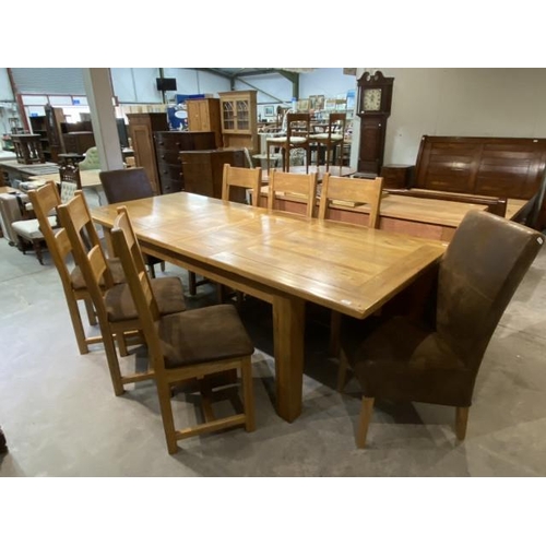 92 - Barker & Stonehouse extending oak dining table 79H 250W 100D with 6 matching chairs and 2 brown sued... 