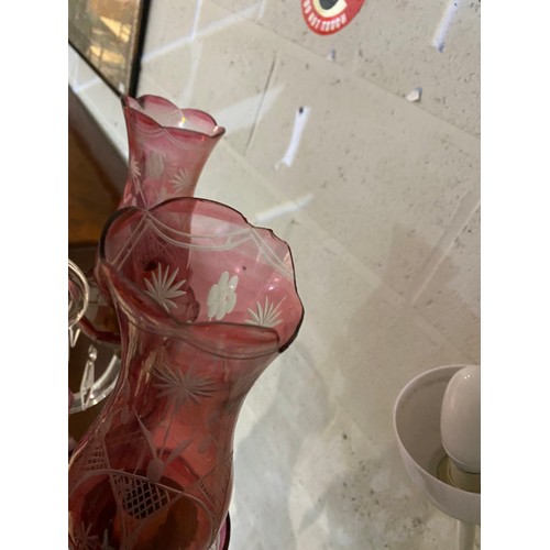 173 - Victorian Cranberry glass floor lamp (one shade damaged, some minor chips to edges - will require re... 