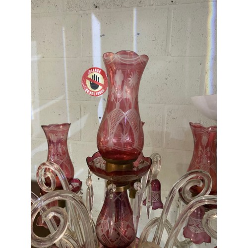 173 - Victorian Cranberry glass floor lamp (one shade damaged, some minor chips to edges - will require re... 