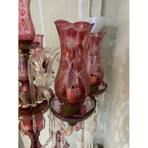 173 - Victorian Cranberry glass floor lamp (one shade damaged, some minor chips to edges - will require re... 