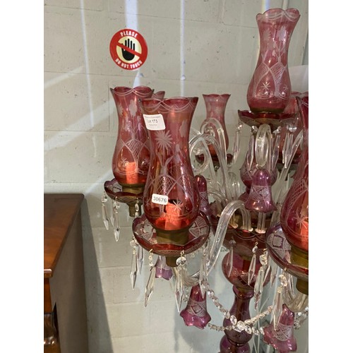 173 - Victorian Cranberry glass floor lamp (one shade damaged, some minor chips to edges - will require re... 